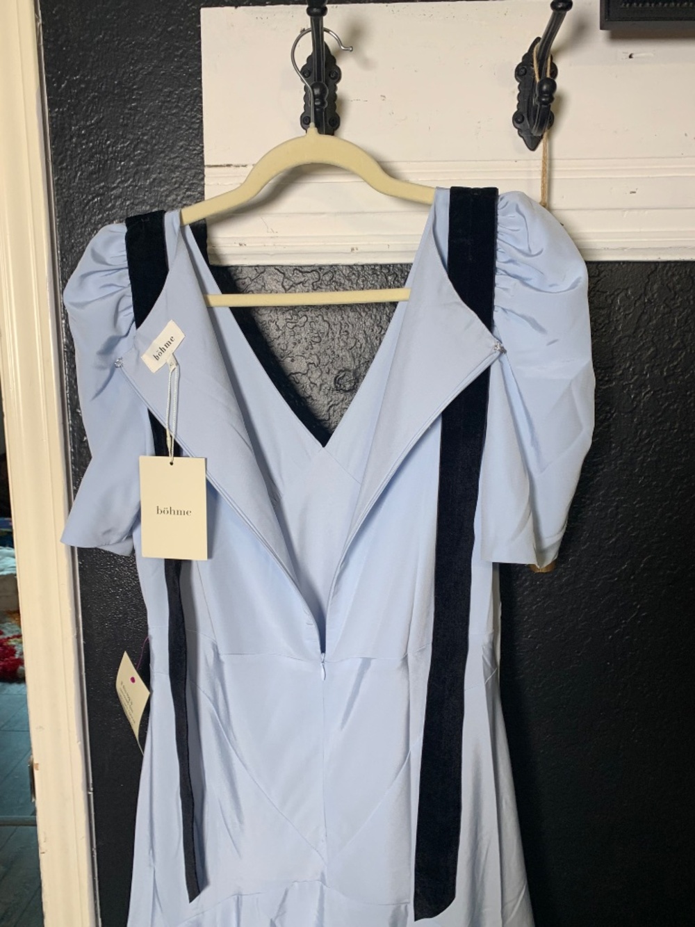 Bohme blue dress NWT - sold out sz XL black velvet bows shoulders (removable) - Picture 9 of 15